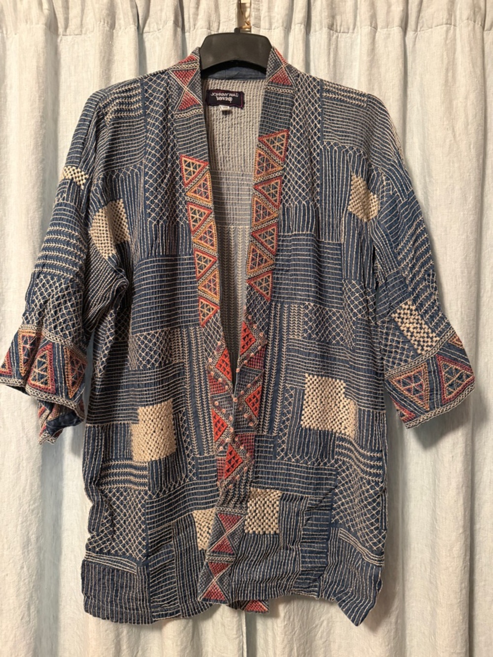 Johnny Was Indigo Kimono Jacket with Red and Cream Geometric Embroidery